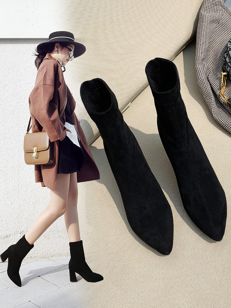 瘦瘦袜靴女尖头高跟鞋秋冬加绒2025新款马丁靴子显瘦粗跟百搭短靴