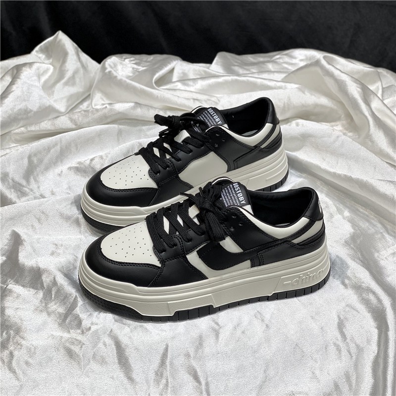 真皮板鞋女厚底秋冬2025新款时尚百搭黑白熊猫鞋松糕面 面包鞋ins