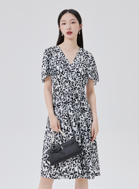 艾莱依商场同款V领裙子质感高级感夏季碎花黑色连衣裙中长女清仓