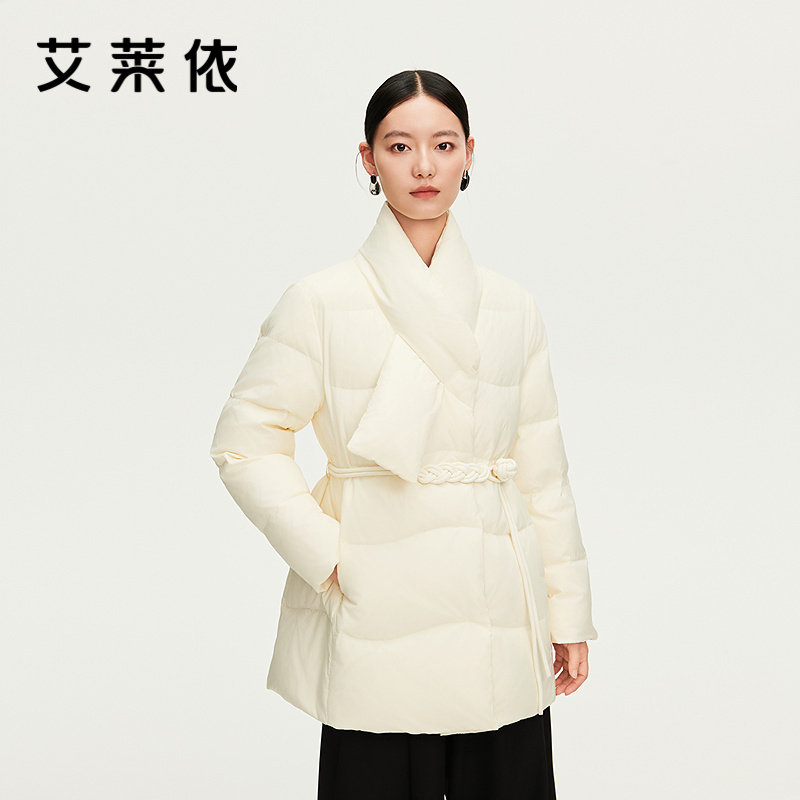 艾莱依时尚羽绒服女冬季新品新中式围巾保暖大衣收腰外套商场同款