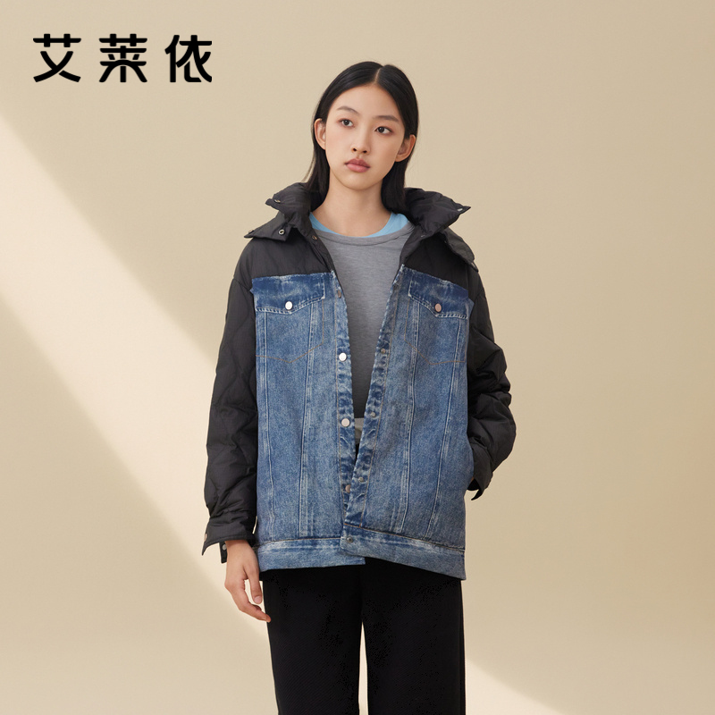 艾莱依秋冬季轻羽绒女新品半身牛仔拼接印花时尚外套短款防风保暖