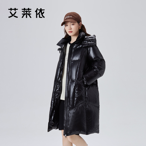 艾莱依潮酷长款连帽亮面羽绒服