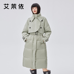 艾莱依风衣羽绒服女新款设计感拼接时尚长款立领风衣户外冬季外套