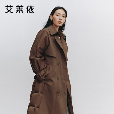 艾莱依鹅绒羽绒服女款新款风衣领外套收腰防风高端爆款高级感大衣