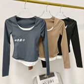 清仓假两件运动上衣女固定杯修身 跑步训练速干瑜伽服 显瘦健身长袖