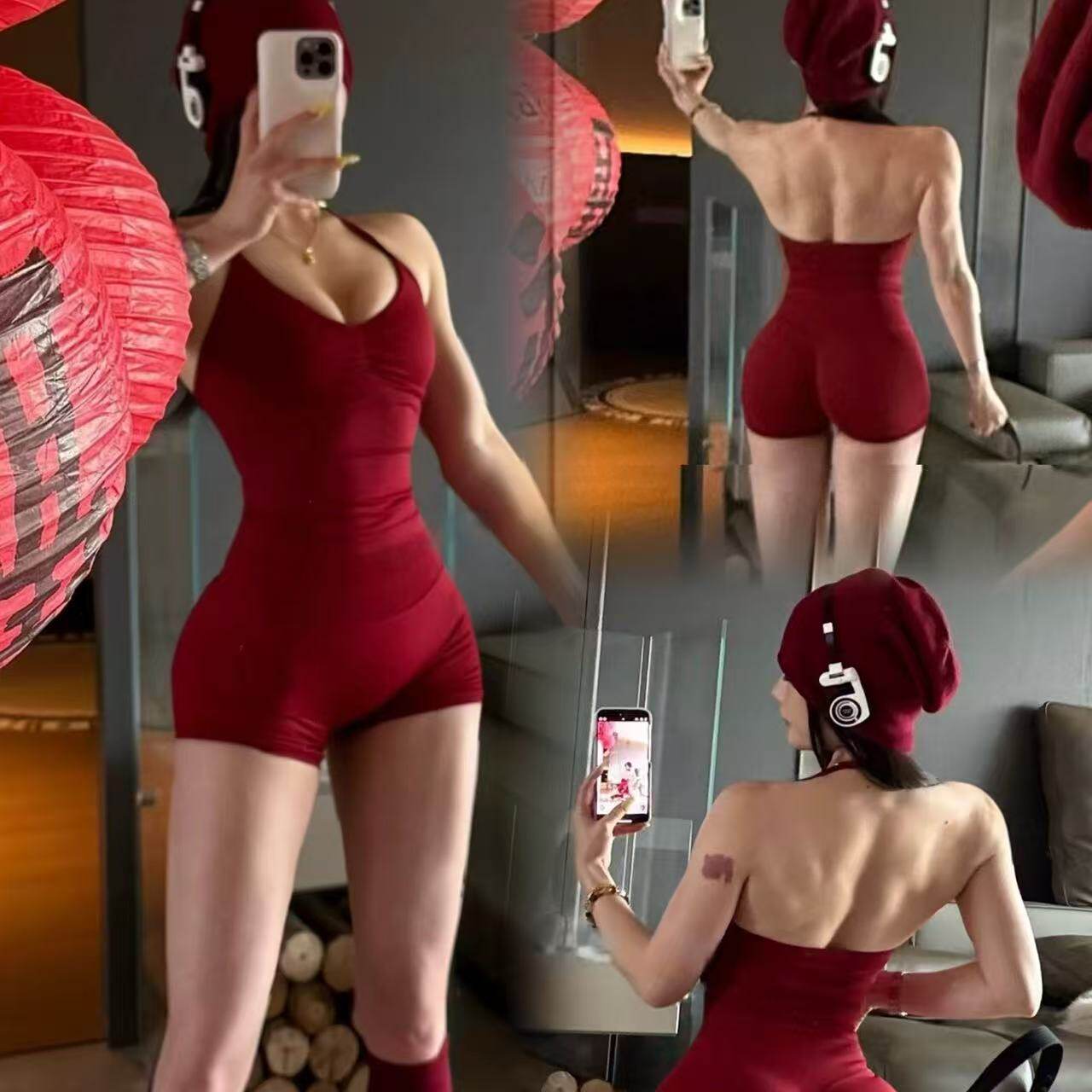 欧美性感褶皱挂脖长款文胸健身背心含胸垫定型防震美背女运动背心