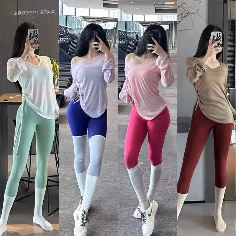 高级感v领瑜伽服罩衫秋季宽松显瘦长袖t恤绝美普拉提运动上衣新