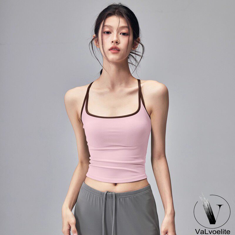 美背吊带瑜伽服背心带固定胸垫防震运动内衣拼色普拉提文胸新