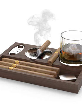 不弹烟灰雪茄烟灰缸杯垫托盘木质灰色托盘带雪茄槽家用烟灰缸定