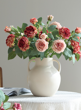 复古油画焦边玫瑰仿真花假花干花摆设客厅餐桌电视柜插花摆件装饰