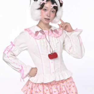 MEME原创设计复古蝴蝶结可爱白色长袖 秋冬 上衣Lolita少女小众衬衫
