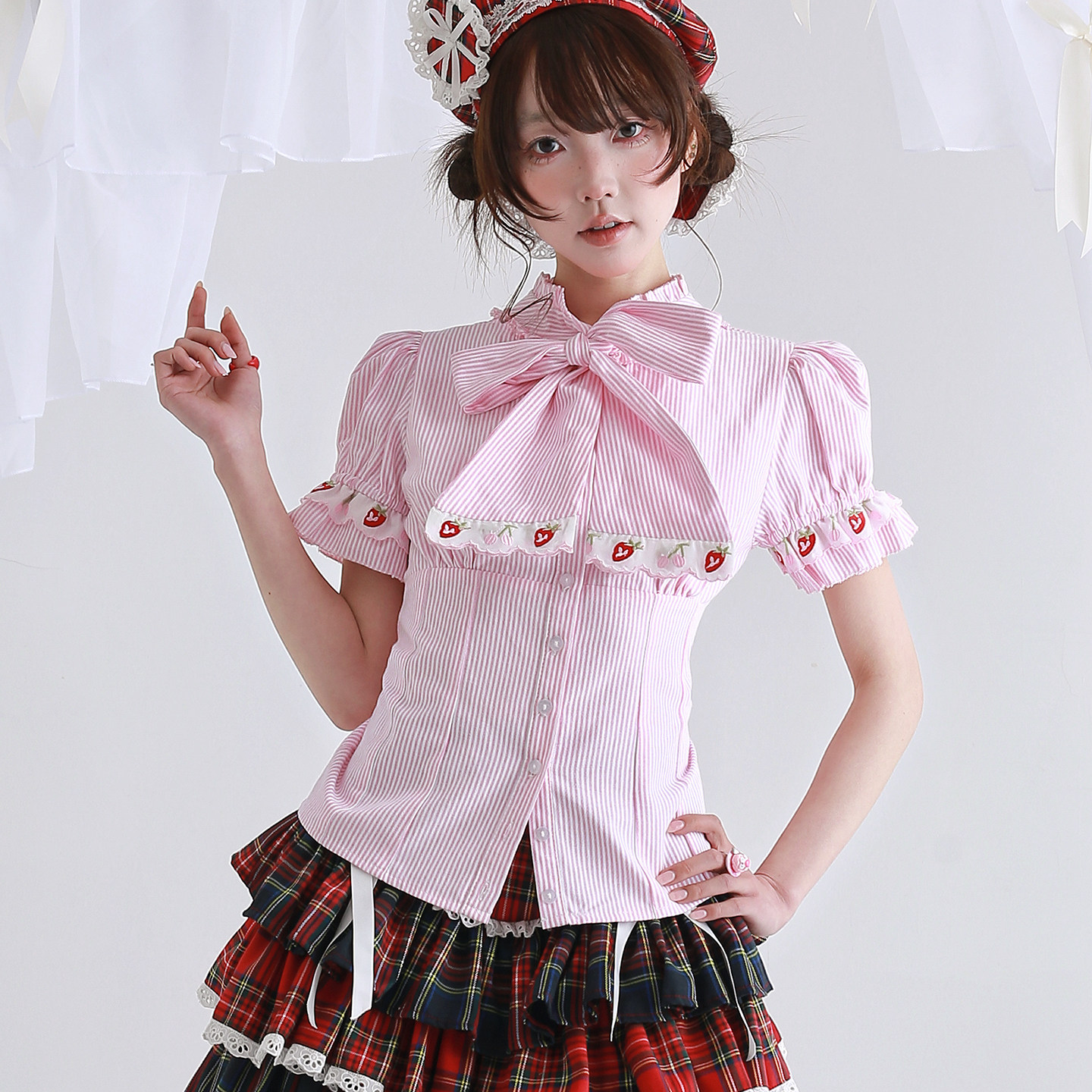 MEE原创日系复古可爱粉色条纹短袖上衣 古早Lolita内搭少女衬衫夏