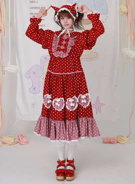 MEME原创昭和复古圣诞可爱少女裙子Lolita古早红色波点小众连衣裙