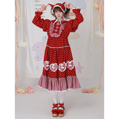 原创圣诞红色波点可爱少女连衣裙