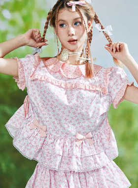 MEME原创昭和复古可爱短袖衬衣 古早Lolita甜美少女粉色衬衫上衣