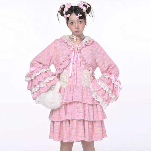 原创设计秋冬粉色针织开衫外套