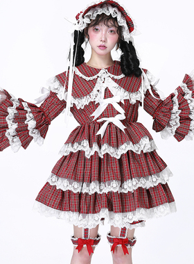 MEME原创 昭和可爱小众少女裙子  Lolita古早红色格纹圣诞连衣裙