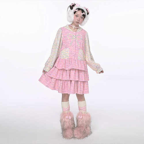 原创设计粉色针织兔耳蛋糕连衣裙