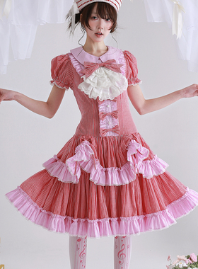 MEME原创日系昭和复古红色条纹低腰裙子小众古早Lolita可爱连衣裙