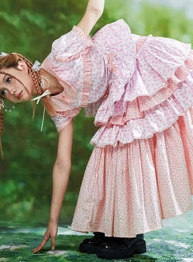 MEME原创 古早日杂粉色长款裙子 Lolita可爱甜美少女小众半身裙夏