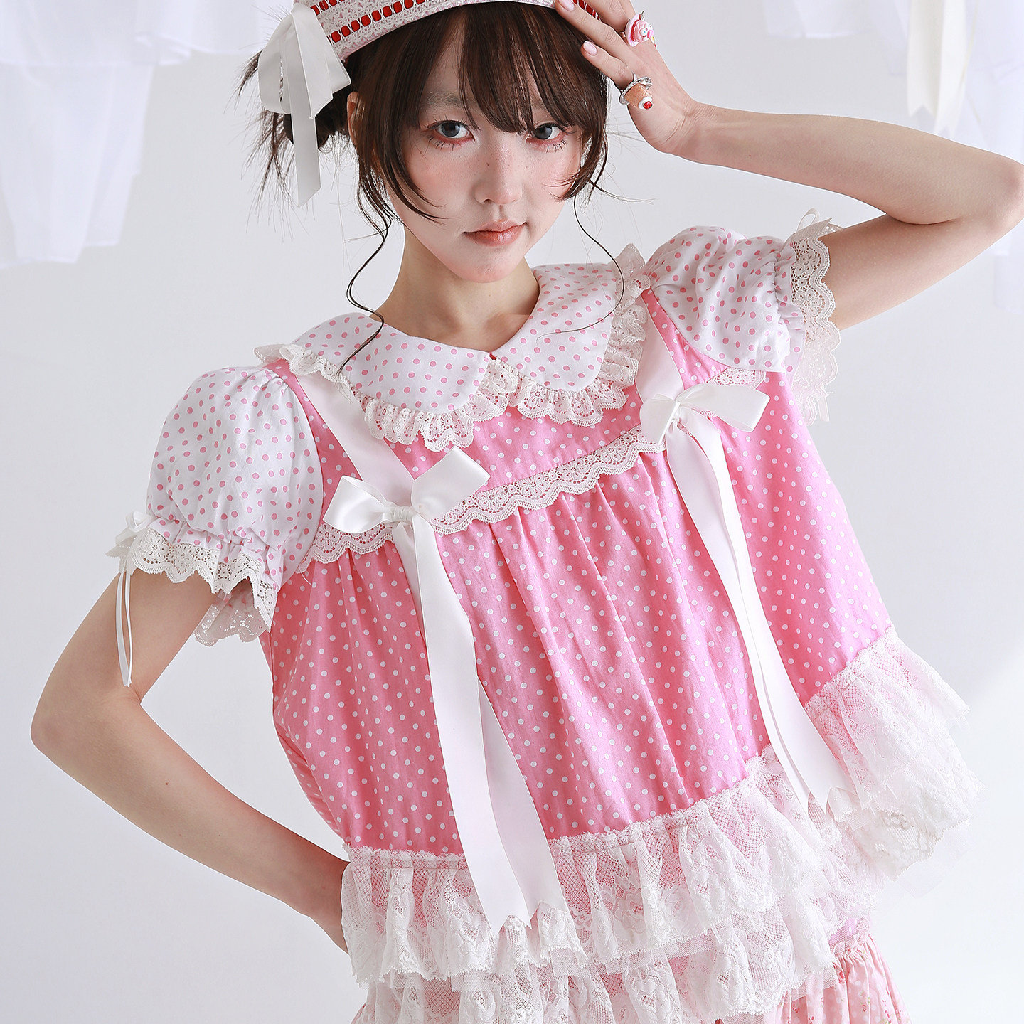 MEME原创 日系昭和复古粉色波点内搭衬衫 可爱蝴蝶结小众短袖上衣