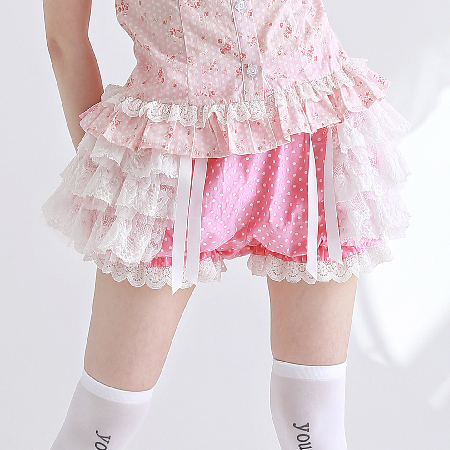 MEME原创 日系昭和粉色波点可爱少女短裤 古早Lolita南瓜裤蓬蓬裙