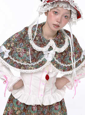 MEME原创设计 日系昭和复古圣诞红格斗篷披风 Lolita可爱上衣披肩