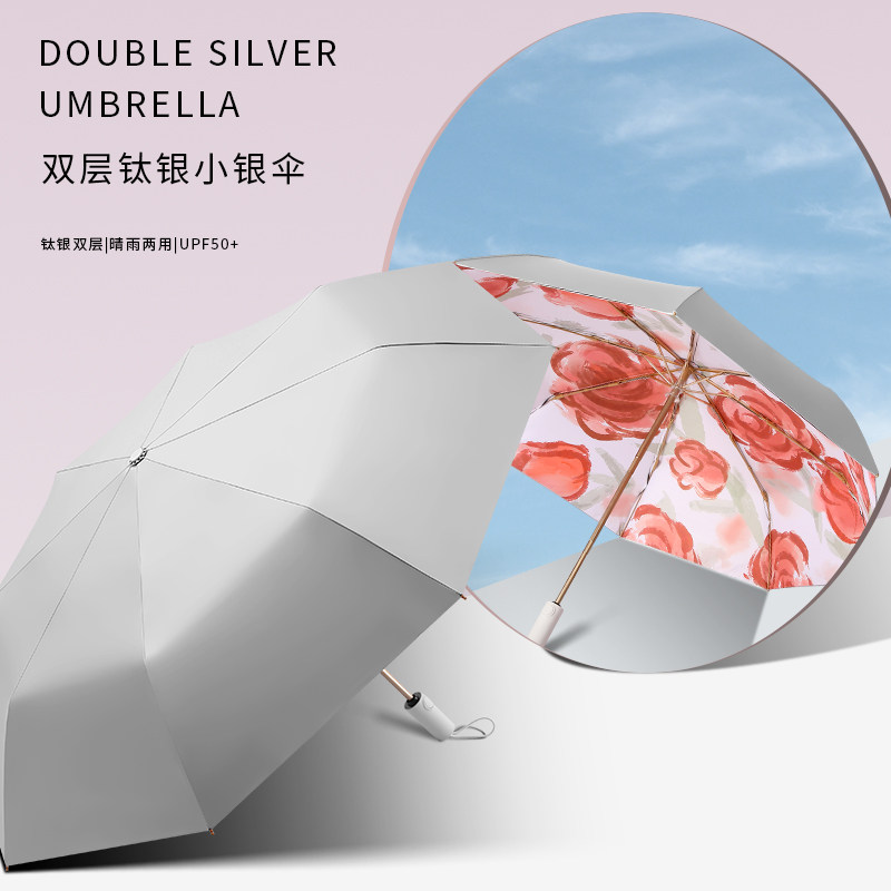Caberryne复古太阳伞抗风遮阳伞防紫外线女钛银双层专业防晒UPF50