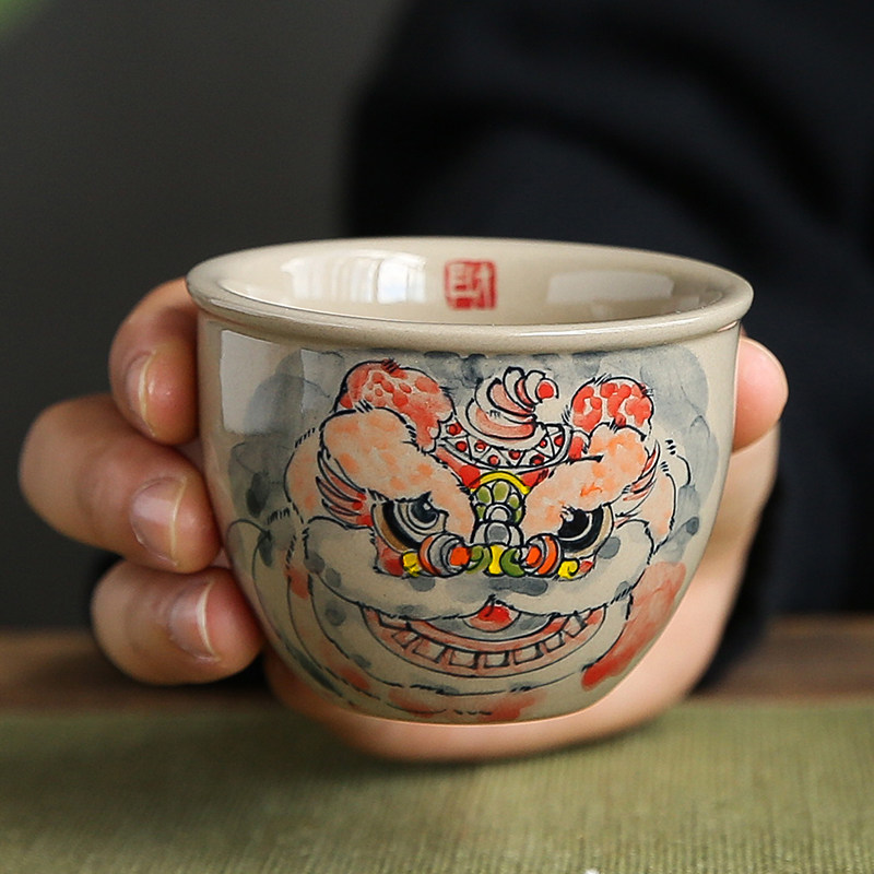 中式复古手绘陶瓷舞狮茶杯缸杯草木灰个人专用品茗杯主人杯情侣杯