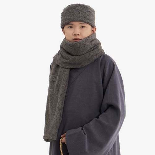 新款冬季僧服帽子围巾套装泰迪绒男女款居士帽围脖复古毛绒和尚服