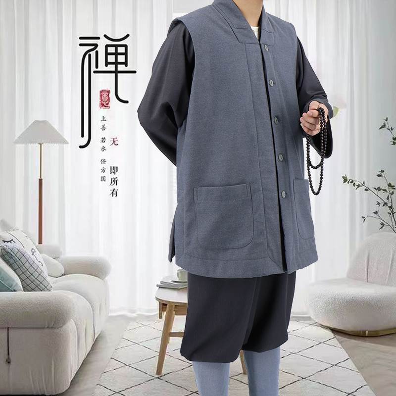 新款僧服马甲男冬季毛呢加绒保暖背心僧人坎肩马褂伽蓝褂出家和尚