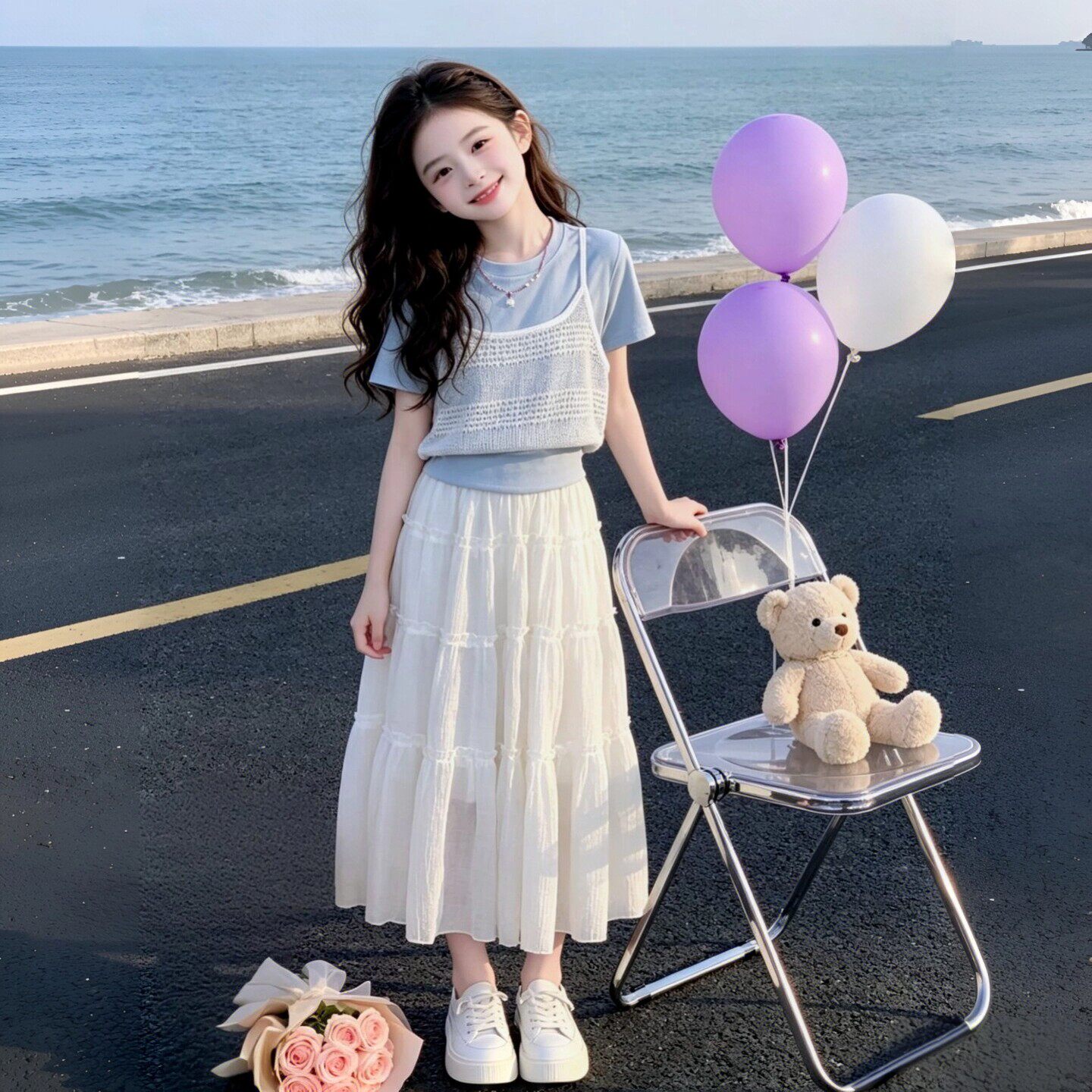 女童白色连衣裙夏装2026新款儿童洋气短袖夏季超火女孩半身裙套装