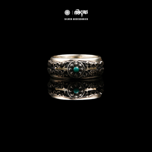 【一丁轮回银饰乌巴拉花刀片指环戒指手工男女款松石镶嵌藏银