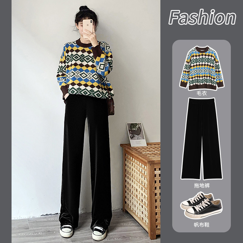 金丝绒阔腿裤女高腰垂感秋冬宽松直筒黑色显瘦垂坠感丝绒拖地长裤