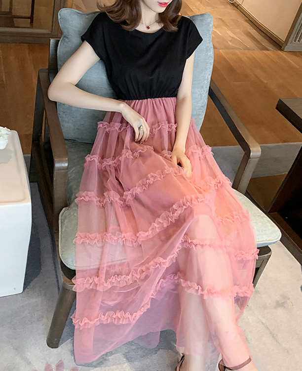 2019 new pattern Korean Edition Mid length version Mosaic Dress girl student French summer Popular Western style Gauze skirtin the Women's clothing/Boutique , T-shirt  category - from Buy2taobao.com to provide professional Taobao agent buy service