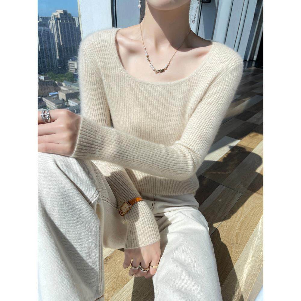 100%纯羊毛衫女低圆领性感小众设计毛衣秋冬新款针织羊毛打底内搭