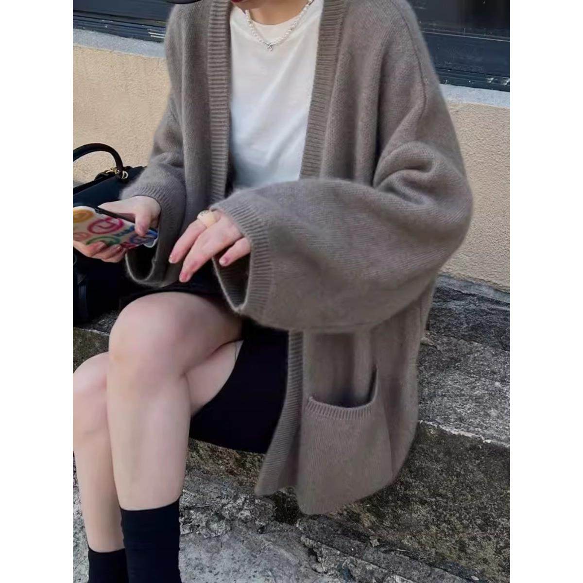 100%纯羊毛衫开衫女秋冬毛衣外套中长款加厚宽松慵懒带兜针织外套,女装/女士精品,毛针织衫,淘宝优惠券,粉丝福利购,淘宝优惠卷