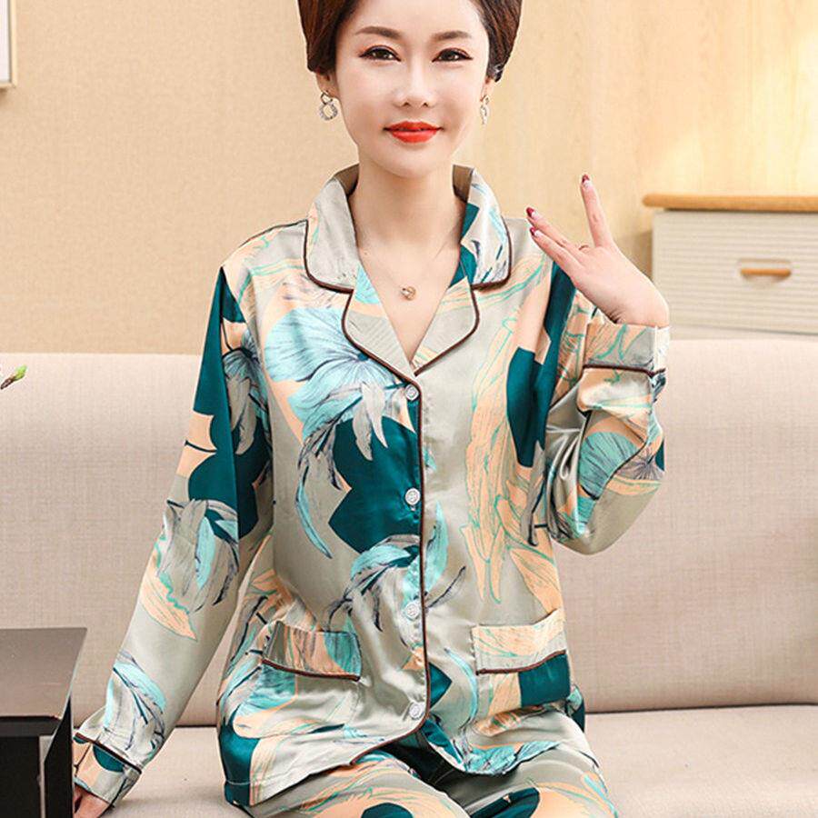 妈妈睡衣女士长袖冰丝春夏季薄款中年妇丝绸家居服加大码真丝套装