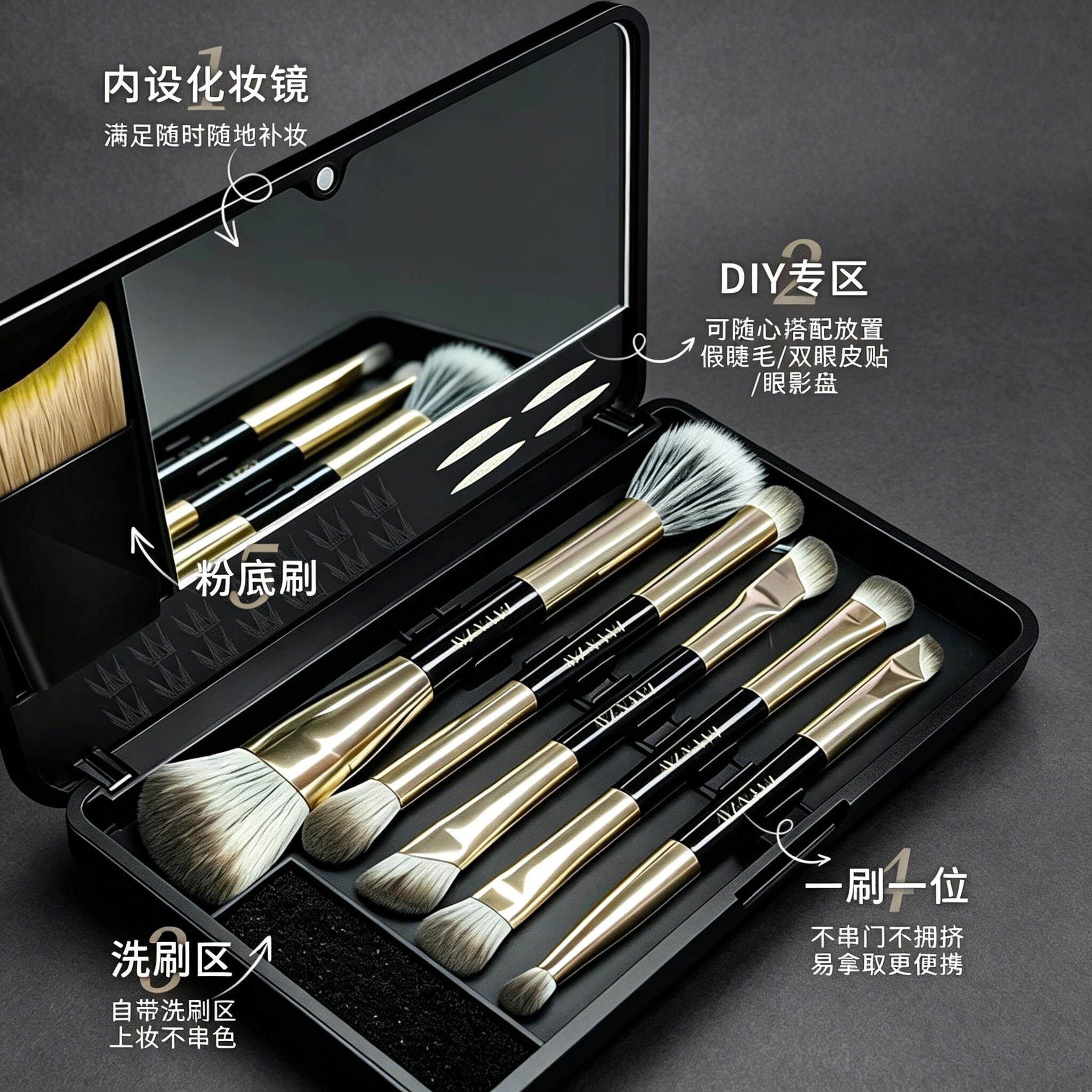 双头化妆刷套盒6支装眼影刷便携化妆刷鼻影遮瑕套刷初学者带镜子