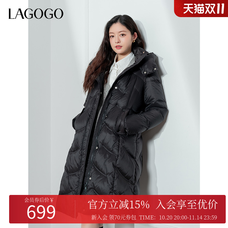 lagogo拉谷谷2024年新款连帽收腰百搭通勤羽绒服女NCYY43XC59