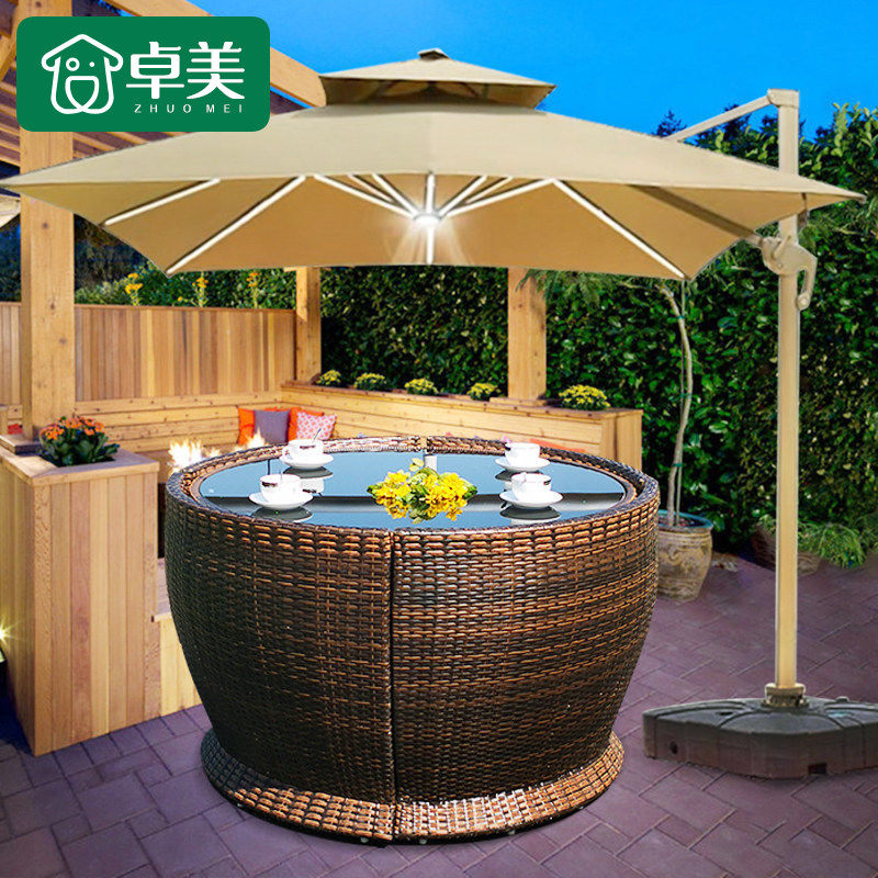户外庭院桌椅休闲花园露台外摆防晒防水藤椅带伞组合室外藤编桌椅