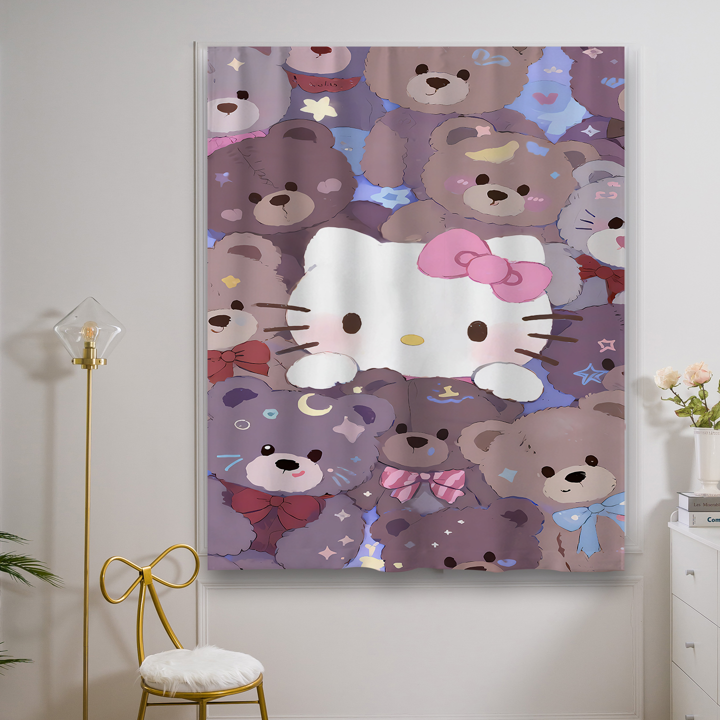 窗帘布遮光粘贴式魔术贴飘窗免打孔安装阳台遮阳卧室HelloKitty猫