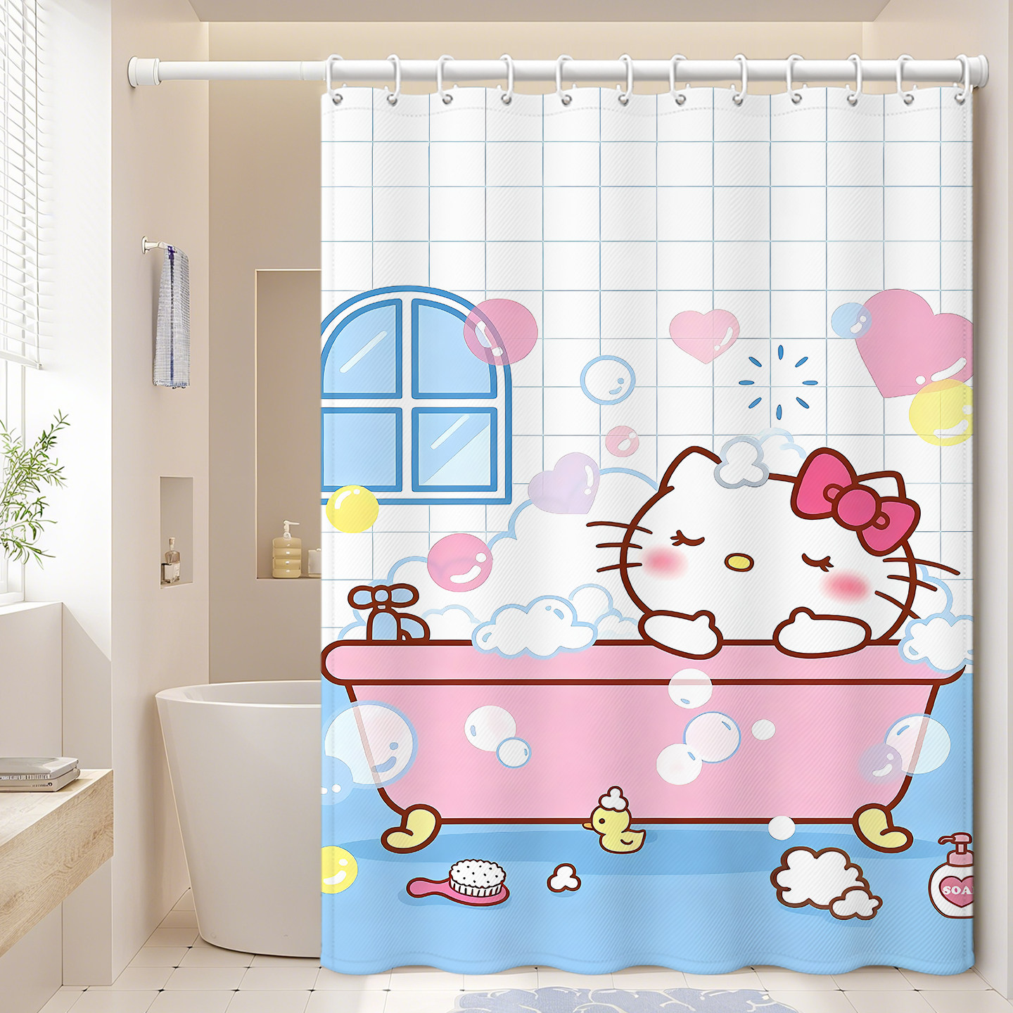 卡通浴帘防水防霉卫生间浴室隔断帘免打孔加厚家用洗澡帘套装