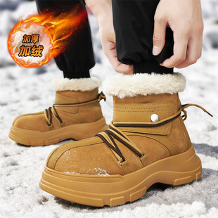 加绒保暖棉鞋 大头雪地靴男士 户外厚底耐磨高帮系带男短靴 新款 冬季