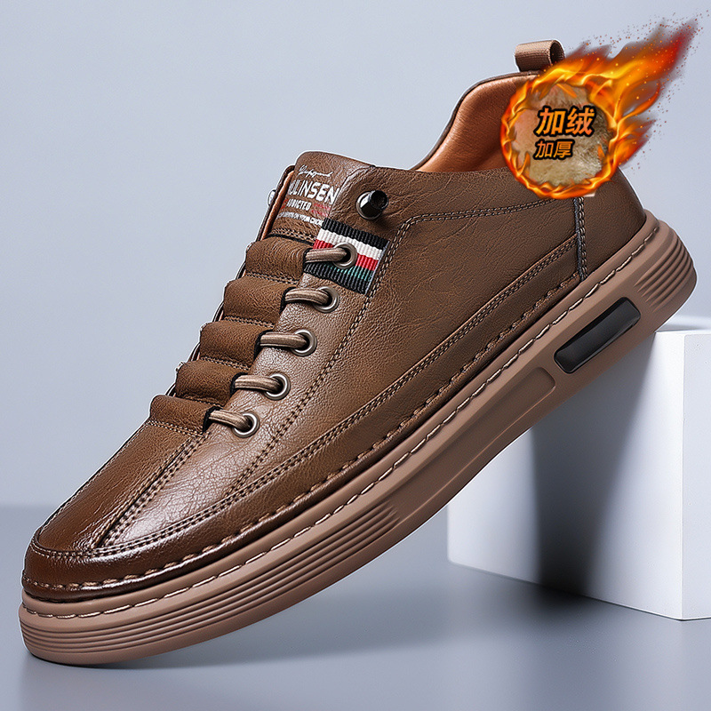冬季2025新款商务男鞋休闲鞋子皮面加绒加厚软底棉鞋男士增高鞋