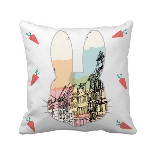 手绘水彩城市德国汉诺威建筑兔子方形抱枕靠枕沙发靠垫双面含芯定