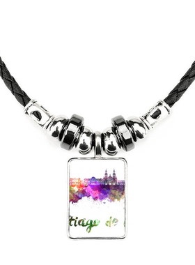 圣地亚哥智力国家城市水彩插画手工蜡皮绳项链子吊坠饰品合金挂坠