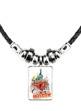 水彩莫斯科圣瓦西里大教堂手工蜡皮绳项链子吊坠饰品合金挂坠男女