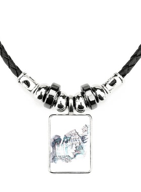 破败罗马建筑水彩画手工蜡皮绳项链子吊坠饰品合金挂坠男女定制礼