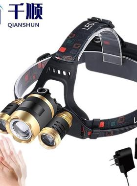 红色飞机头感应头灯3T6强光头灯三头调光led拉伸旋转变焦充电頭燈